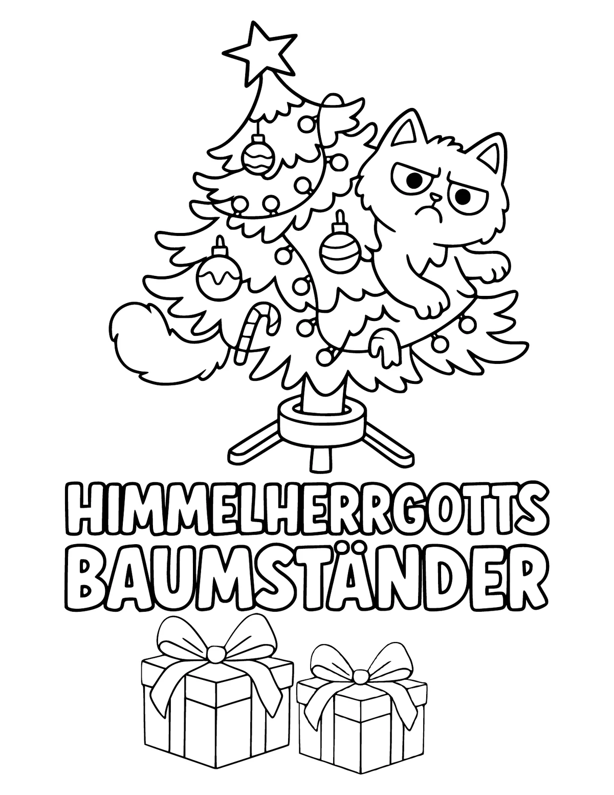 Ausmalseite Himmelhergotts Baumständer mit Katze im Weihnachtsbaum
