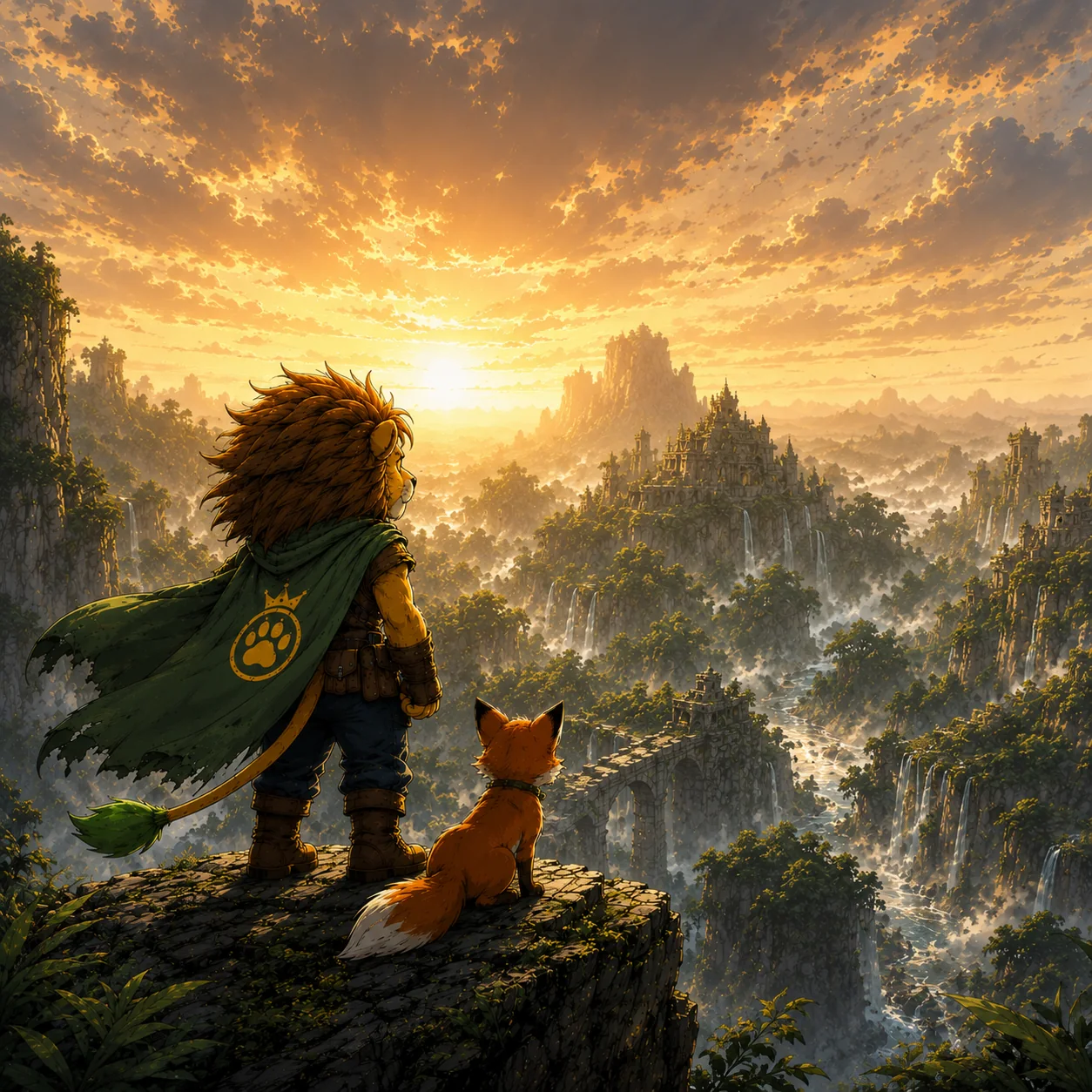 Lio und sein Fuchs-Begleiter blicken von einer Klippe auf eine weitläufige Fantasylandschaft mit Tempel und Wasserfällen.